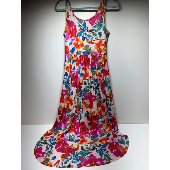 Y2K Halter Midi Dress Sz M Floral Orange Pink Teal Side Slits New Tropical Beach - Picture 7 of 9